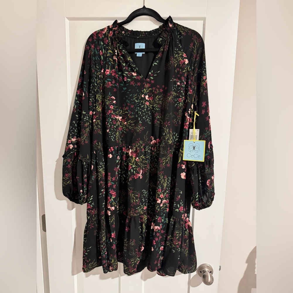 CeCe Black Floral Ruffle Tiered V-Neck Dress